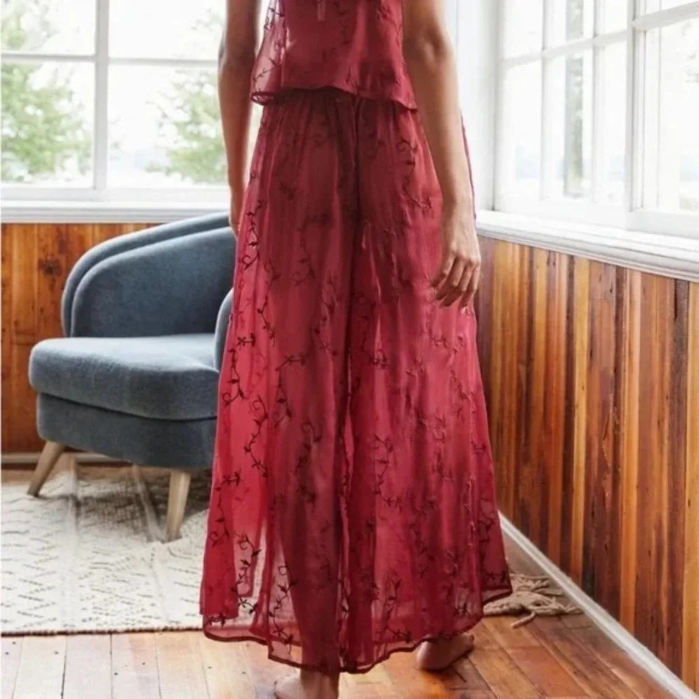 Anthropologie Burgundy Red Sheer Pajama Set